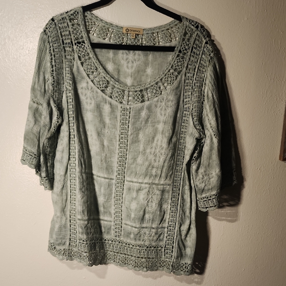 Democracy- L -Sage Crochet Embelished Top
